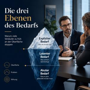 Eisberg-Grafik: expliziter Bedarf über Wasser, latenter und akuter Bedarf darunter, daneben ein Verkaufsgespräch